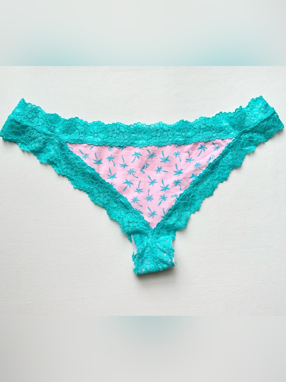 Victoria’s Secret Pink teal lace trim palm tree extra low rise cheeky